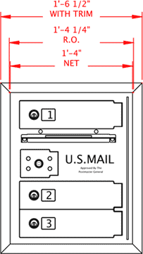 3 Door 4C Horizontal Mailbox Front Dimensions